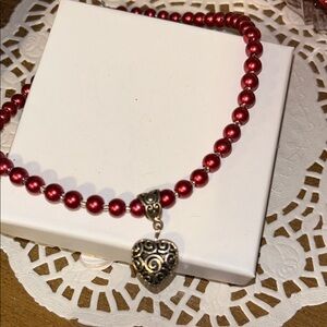 Red pearl Necklace with Heart Pendant